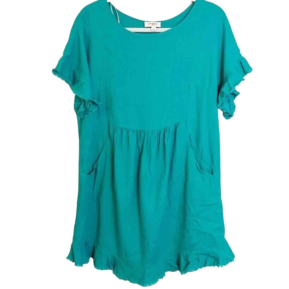 Umgee USA Teal Linen Blend Ruffle Babydoll Top Short Sleeve Pockets Small A5749